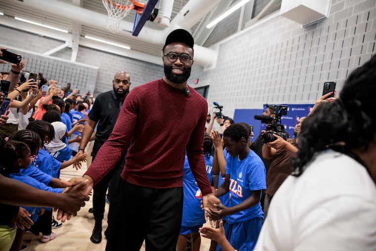 New Sixer Jaylen Brown arrives for his introductory press conference at the Francis Myers Recreation Center on Thursday.