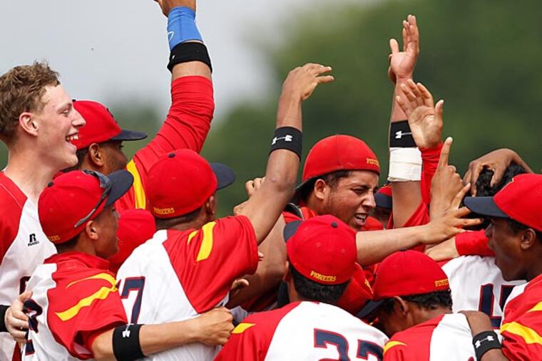 Frankford celebrates after beating Prep Charter 3-2 in a high school
playoff game at FDR Park in Philadelphia on May 20, 2013. (David Maialetti/Staff Photographer)