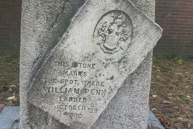 The inscription on the monument marking William Penn's landing in Chester in 1682. (Photo taken on Oct. 27, 2022)