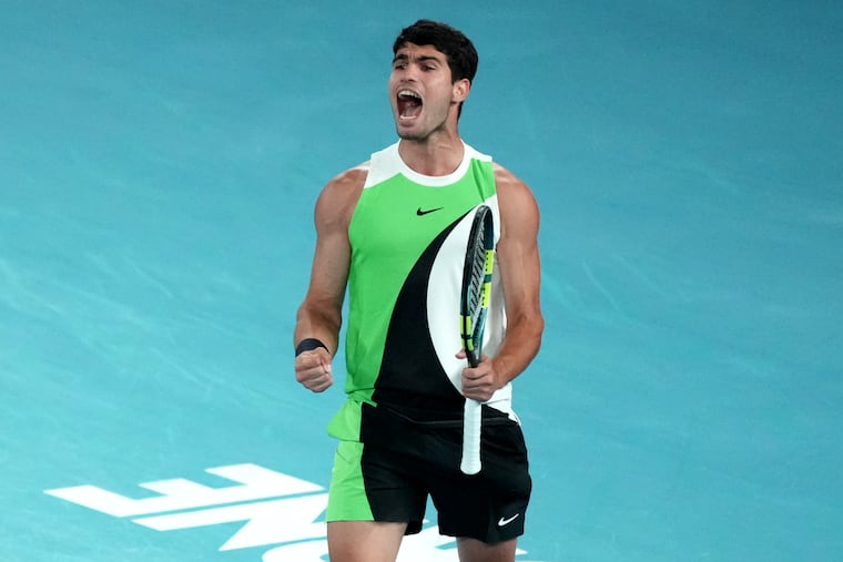 Carlos Alcaraz of Spain reacts during the men's singles final match against Novak Djokovic of Serbia at the Australian Open.