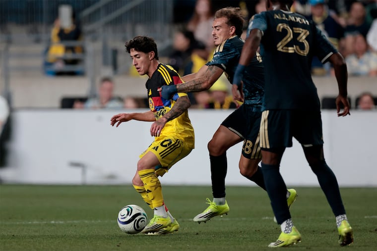 Alejandro Zendejas (left) on the ball in front of the Union's Agustín Anello during Tuesday's Concacaf Champions Cup game at Subaru Park.