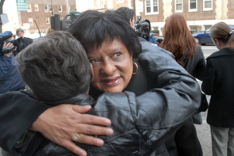 Councilwoman Jannie Blackwell greets residents outside West Philadelphia High School before a morning meeting with community leaders.