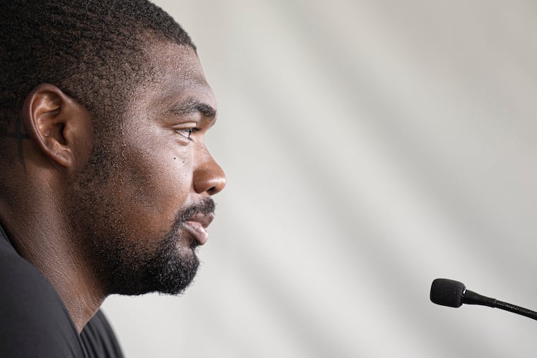 Eagles offensive lineman Willie Lampkin talks to the media during training camp at the Jefferson Health Training Complex.