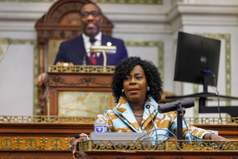 Philadelphia Mayor Cherelle L. Parker delivers her third annual budget address as City Council President Kenyatta Johnson looks on.