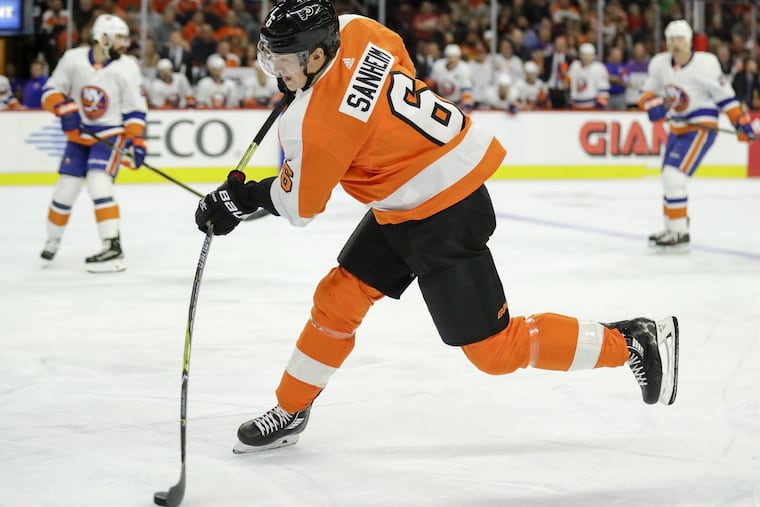 Flyers defenseman Travis Sanheim shoots the puck against the New York Islanders on Friday, Nov. 24, 2017 in Philadelphia.