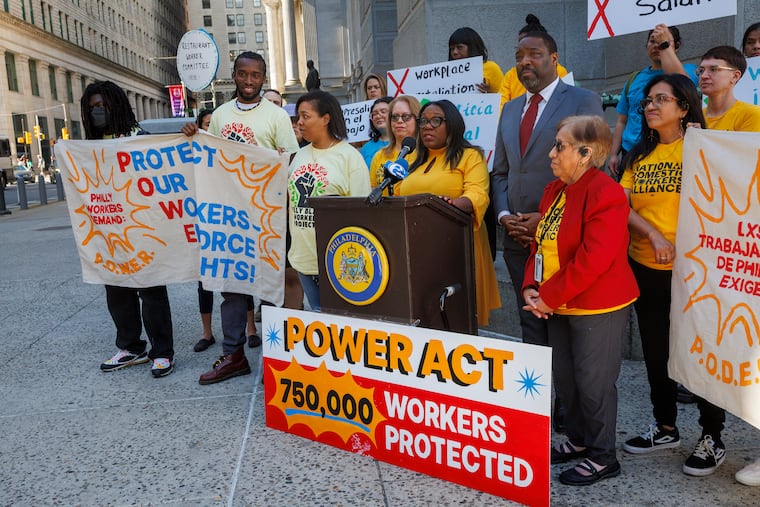 Philadelphia City Councilmember Kendra Brooks, who introduced the pro-worker legislation, speaks at a news conference and rally outside Philadelphia City Hall, on Thursday, May 8, about the POWER Act.