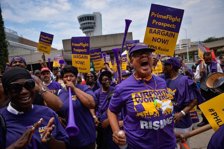 Philadelphia International Airport workers, part of the 32BJ labor union, marched outside of Terminal B/C to demand a contract with American Airlines subcontractors PrimeFlight and Prospect, at PHL International in July.
