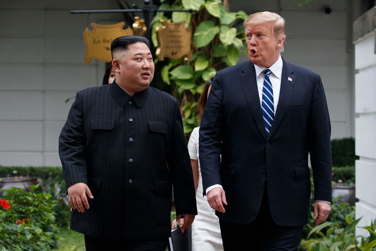 In this Feb. 28, 2019, file photo, U.S. President Donald Trump, right, and North Korean leader Kim Jong Un take a walk after their first meeting at the Sofitel Legend Metropole Hanoi hotel, in Hanoi. Fears rise that North Korea's year-end deadline to the U.S. to offer some new initiative to the nuclear-standoff means that nearly two years of head-spinning diplomatic engagement might be in danger of falling apart.