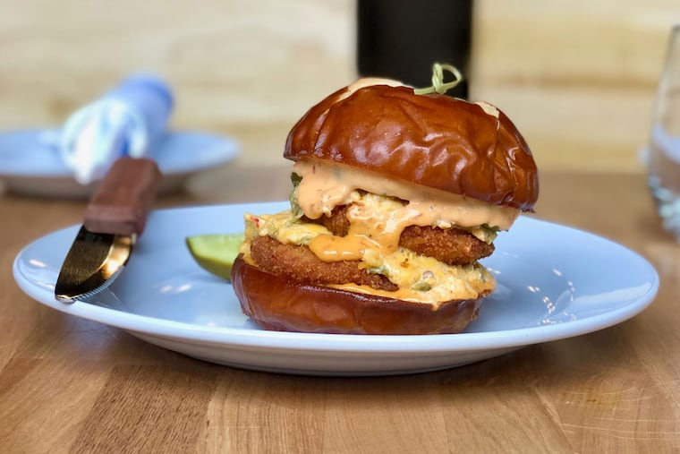 Fried green tomato sandwich at Emmy Squared.