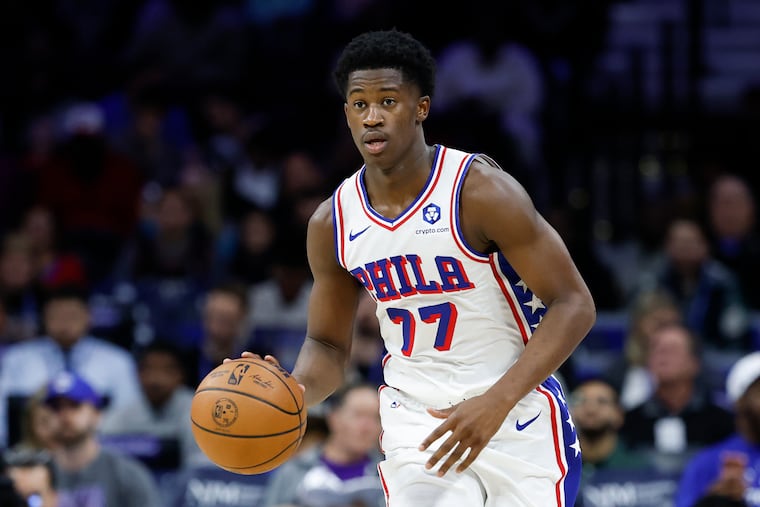 Sixers rookie VJ Edgecombe dribbling the ball during the exhibition game against the Minnesota Timberwolves on Friday.