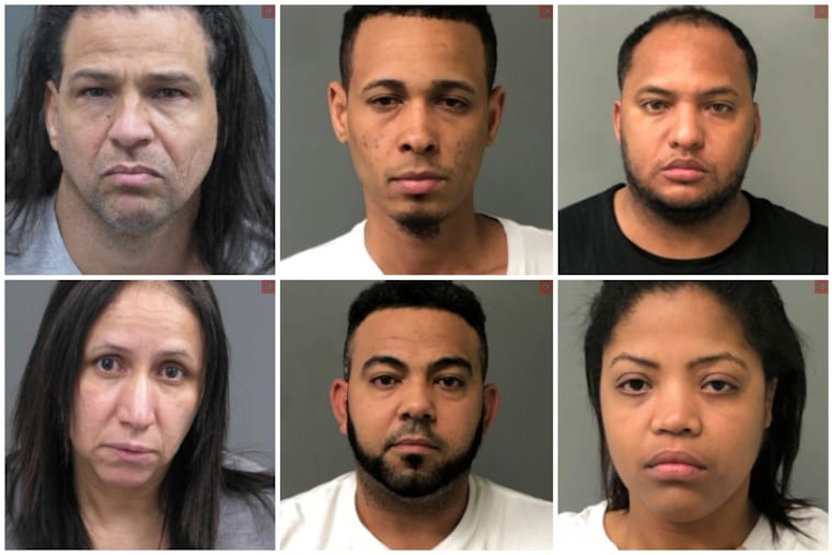 Six members of a drug ring that operated in Warminster have pleaded guilty: (top, from left) Roberto Espinal, Luigi Ortega, Delvin Perez, (bottom, from left) Nuris Martinez, Carlos Garcia Perez, Eleni Saturrie.