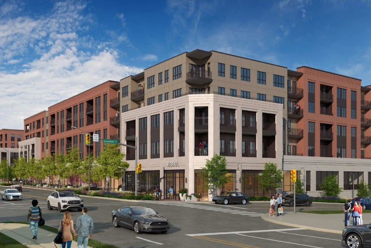 A rendering of the Piazza land development slated to be built in Ardmore. The development will include around 270 apartments and first-floor retail space. It will span the south side of Lancaster Avenue, from Greenfield Avenue to Ardmore Avenue.