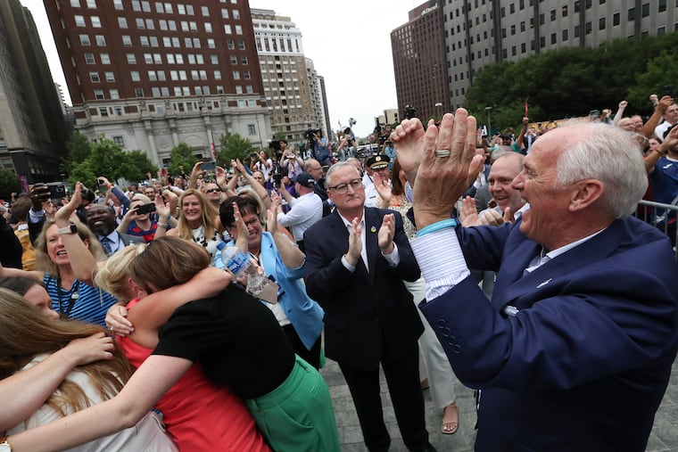 Philadelphia Mayor Jim Kenney and members of the Philadelphia sports dignitary cheer after learning Philadelphia was named a World Cup 2026 host city at LOVE Park in Center City on Thursday, June 16, 2022.