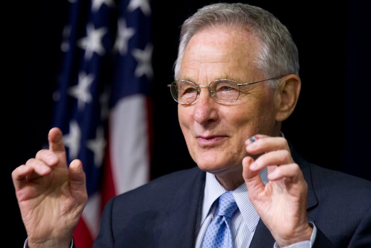 FILE - In this June 20, 2012, file photo, former Sen. Birch Bayh (D., Ind.), the author of Title IX in Congress, speaks during a forum in the South Court Auditorium at the White House in Washington in a gathering to celebrate the 40th anniversary of Title IX. Bayh, who championed the federal law banning discrimination against women in college admissions and sports, has died. He was 91.