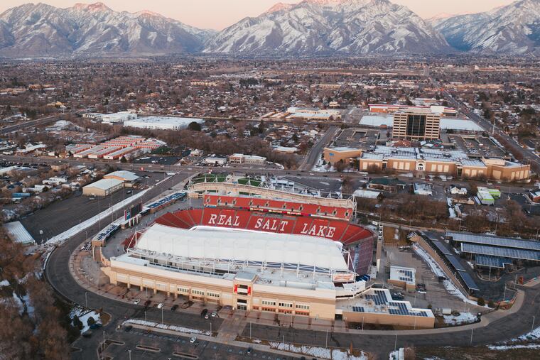 The gates are shut at Rio Tinto Stadium in Sandy, Utah, home of Major League Soccer's Real Salt Lake and the National Women's Soccer League's Utah Royals, because of the coronavirus pandemic.