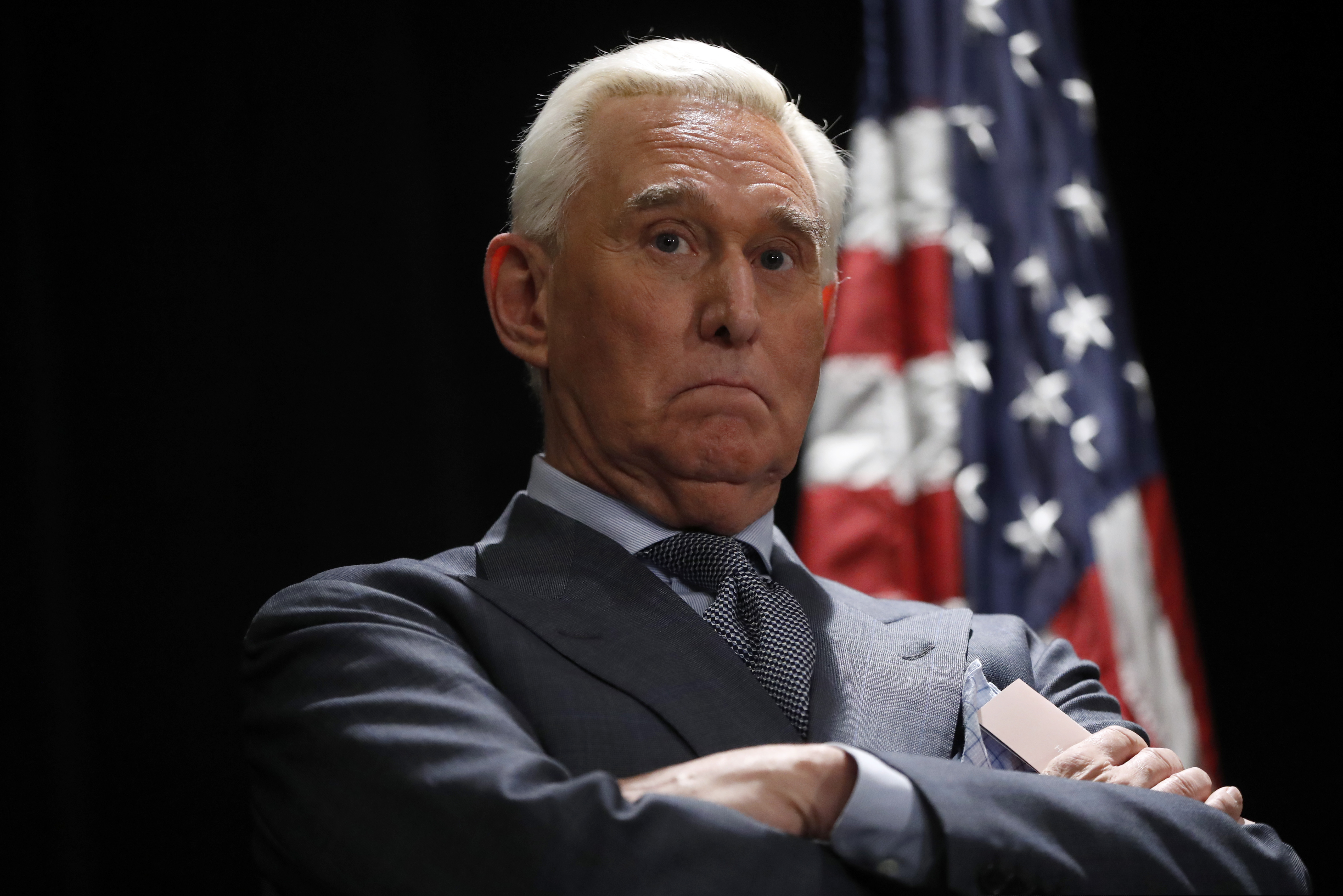 Roger Stone, longtime friend and confidant of President Donald Trump, waits to speak to members of the media in Washington, Thursday, Jan. 31, 2019. Stone is accused of lying to lawmakers, engaging in witness tampering and obstructing a congressional investigation into possible coordination between Russia and Trump's campaign.