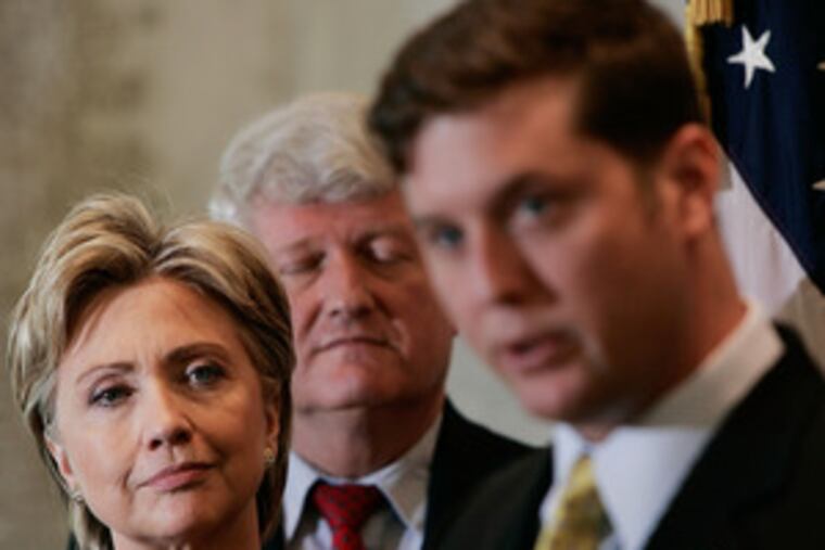 Rep. Patrick J. Murphy (right) and Sen. Hillary Rodham Clinton introduced a bill yesterday that would boost benefits to Iraq-era veterans. It is the second time the Bucks freshman and a top presidential candidate have joined legislative forces. And it is not surprising, an observer says. Story on A3.