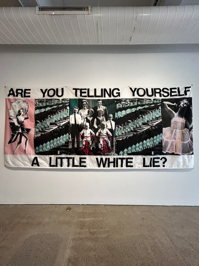 S.A. Bachman's "Are You Telling Yourself a Little White Lie?" on view in "Some American Dreams" at the Fabric Workshop and Museum.