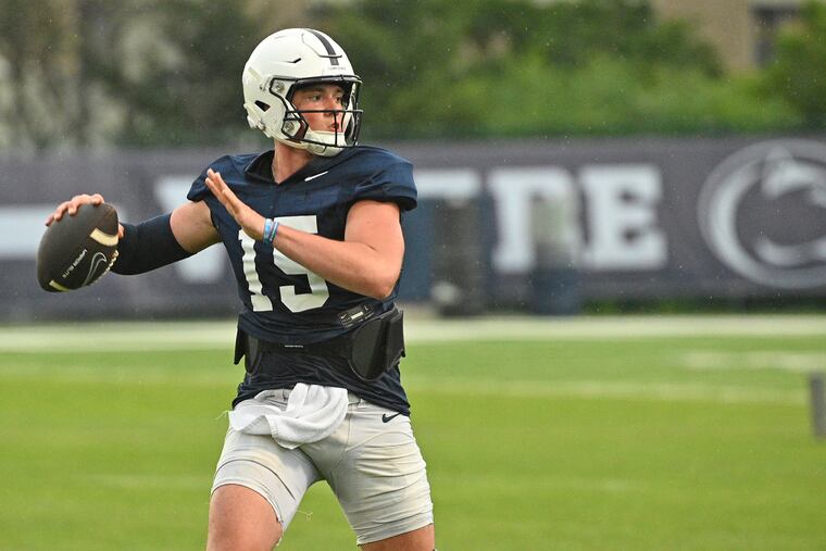 Penn State football quarterback Drew Allar (15)passes during practice in University Park on Aug. 6, 2023.