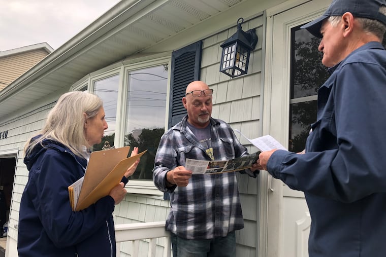 Judd Wampole and Laura Docherty of Brick Township went canvassing for the first time in their neighborhood on behalf of Andy Kim, congressional candidate running against Rep. Tom MacArthur. They spoke with Jimmy Davis, a Turnpike Authority worker