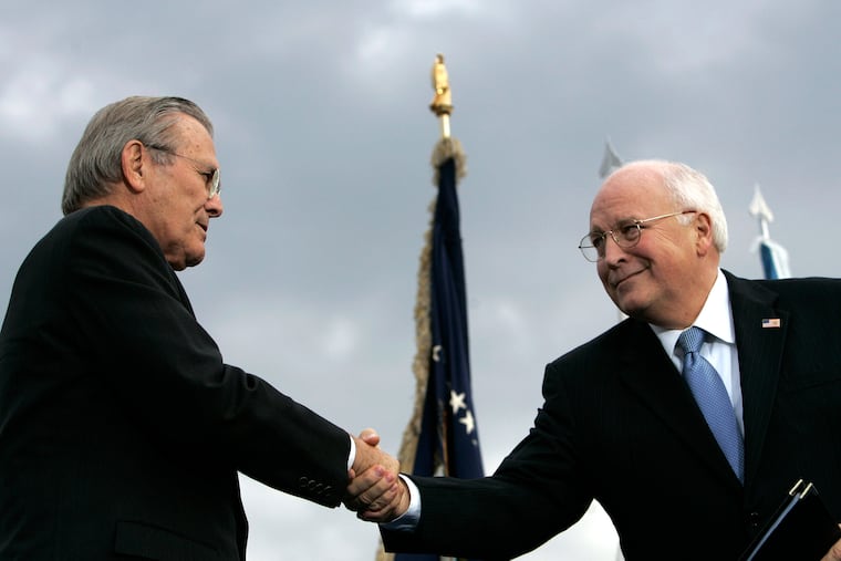 Outgoing Defense Secretary Donald H. Rumsfeld (left) shakes hands with Vice President Dick Cheney during an Armed Forces Full Honor Review for Rumsfeld at the Pentagon on Dec. 15, 2006. All 10 living former secretaries of defense, including Rumsfeld and Cheney, have joined in cautioning against any attempt to use the military in the cause of overturning the November presidential election.