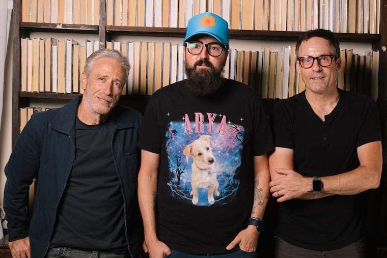 Jon Stewart with Church and State's Rick Barry and Andy Bova play Dave Hause's Sing Us Home festival on Sunday.