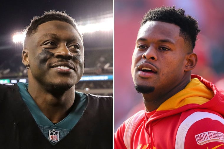 A.J. Brown (left) and a couple of his Eagles teammates aren't happy about a Tik Tok video starring Chiefs receiver JuJu Smith-Schuster