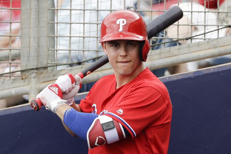 Scott Kingery preparing to bat during a Grapefruit League game.