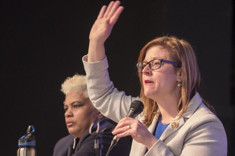 Reps. Margo Davidson and Leanne Krueger-Braneky (right) at an anti-Trump rally in Delaware County last February.