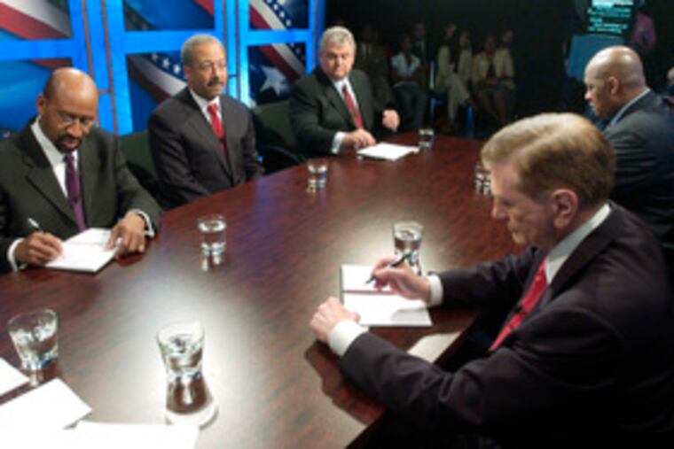 Democratic candidates in the race for mayor prepare notes before a debate Saturday. They are (from left) Michael Nutter, Chaka Fattah, Bob Brady, Tom Knox and Dwight Evans.