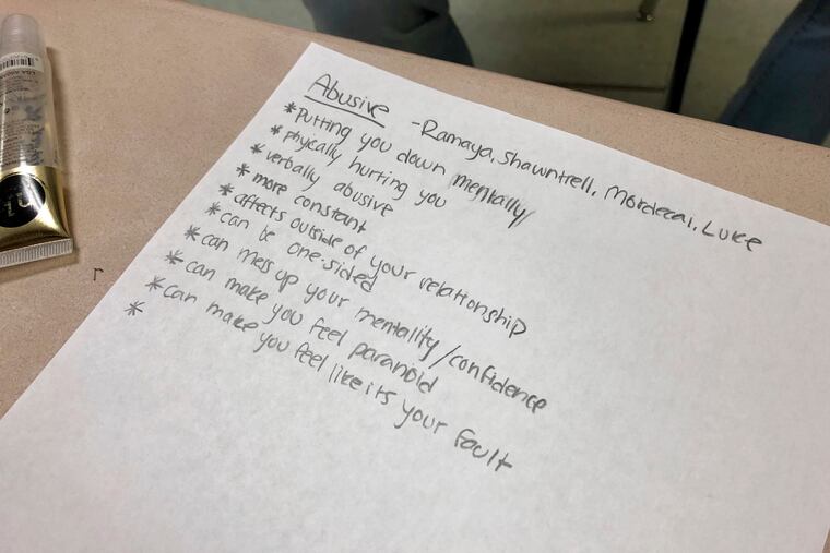 A list of the characteristics of an abusive relationship is made by students in small groups during a lesson by teachers from the nonprofit Raphael House, at Central Catholic High School in Portland, Ore., on April 15, 2019. Information on healthy sexual behavior and relationships is part of a proposed new sexual education curriculum for Pennsylvania.