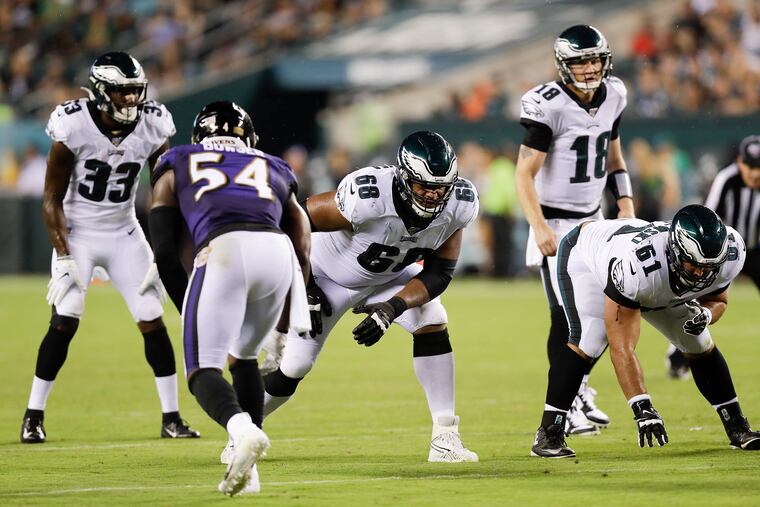 Eagles offensive tackle Jordan Mailata (68) in action against the Ravens last week.