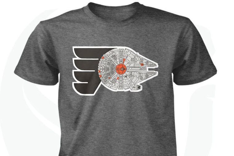 Shirts blending the Millennium Falcon and the Flyers logo will be given to guests at the Flyers Star Wars Day on March 14.