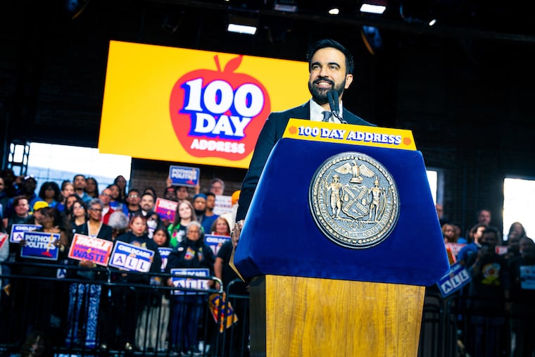FILE — Mayor Zohran Mamdani delivers his 100-day address at Knockdown Center, a concert venue in Queens, April 12, 2026. Democratic socialists, harnessing generational frustration over affordability, lead New York and Seattle and are knocking on the door in Los Angeles and Washington.