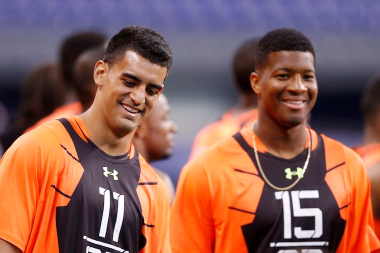 Could Marcus Mariota (left) wind up being the Eagles' backup quarterback in 2020?