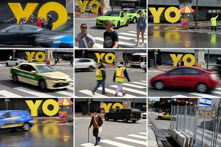 February 10, 2025: Photos taken over the past two years from the same spot, diagonally across Market Street from the “OY/YO” sculpture outside the Weitzman National Museum of American Jewish History in the Historic District.