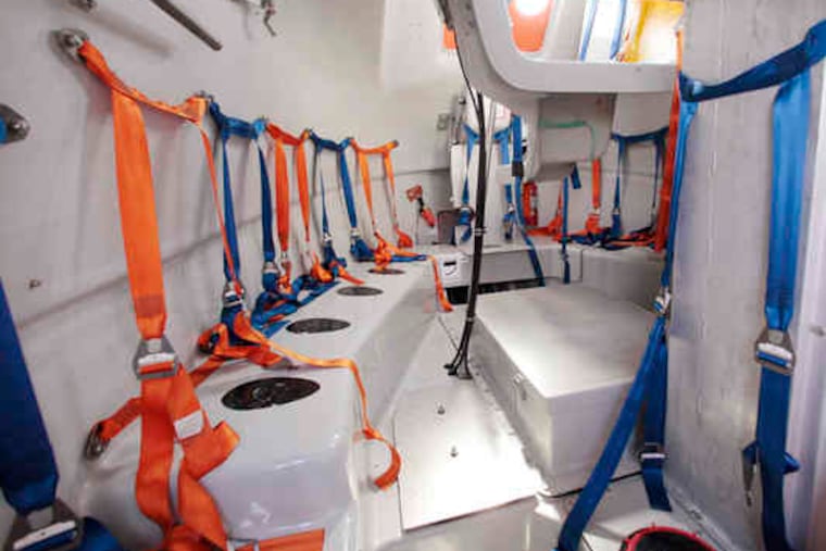 The inside of a 38-foot lifeboat with a capacity of 56 people at the Massachusetts Maritime Academy in Buzzards Bay, Mass. Rick Gurnon, academy president, said he believes that the lifeboat on which pirates are holding Richard Phillips is smaller.