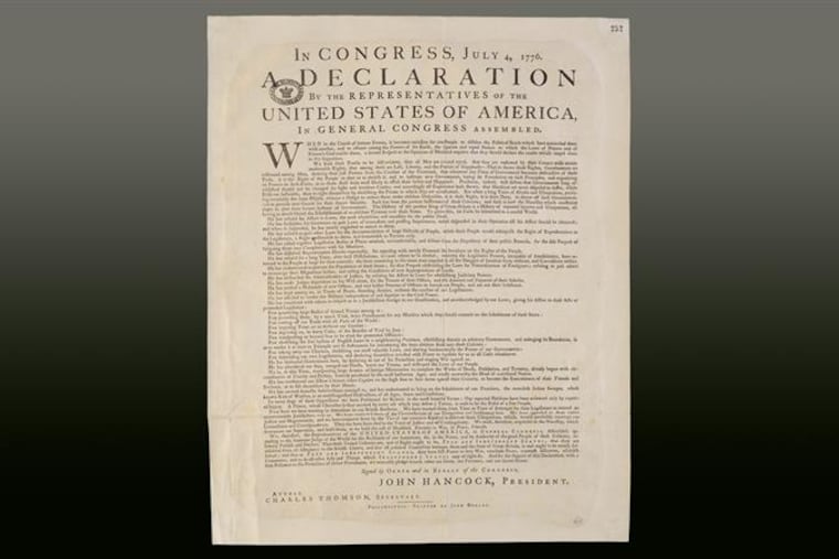 The Dunlap Broadside on display at the Museum of the American Revolution.