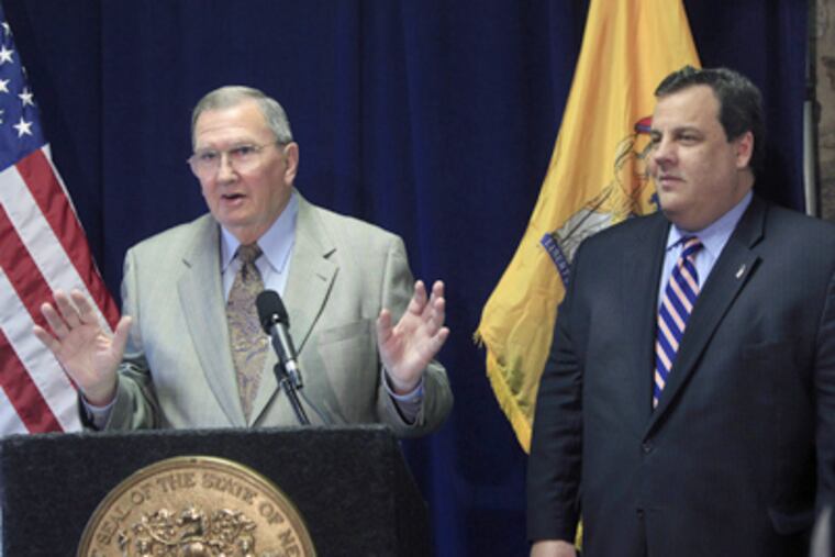 Freedom House CEO Fred Reihl describes work at the facility in Glen Gardner, N.J., Wednesday, March 21, 2012, after New Jersey Gov. Chris Christie, right, announced Freedom House will be part of the expansion of the Department of Military and Veterans Affairs successful Veterans Haven program to provide access to veterans in the northern part of the state. (AP Photo/Mel Evans)