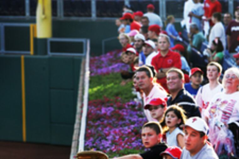 It's a tough reach for Phillies fans. Before the defeat last night, left-field spectators strained for a ball during batting practice.