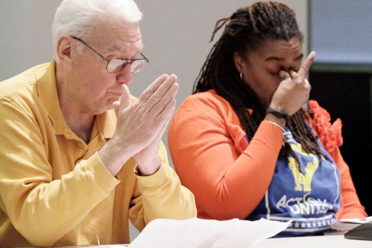 Ronald Whitehorne, of the Coalition Advocating for Public Schools, and parent Kia Hinton spoke out at the SRC meeting. (ELIZABETH ROBERTSON / STAFF PHOTOGRAPHER)