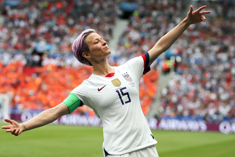 Megan Rapinoe strikes her famed celebration pose at the 2019 women's World Cup that she helped the United States win.