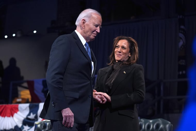 Former President Joe Biden, left, and former Vice President Kamala Harris attend a Department of Defense Commander in Chief farewell ceremony at Joint Base Myer-Henderson Hall, Jan. 16, 2025, in Arlington, Va.