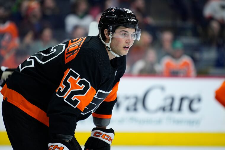 Tyson Foerster notched his first NHL point Friday night.