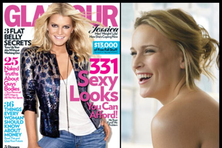 Model Lizzie Miller, right, is pictured in this month's Glamour magazine with a bit of a belly bulge, which is unusual for most fashion magazines, where emaciated waifs are the norm. (Walter Chin for Glamour)