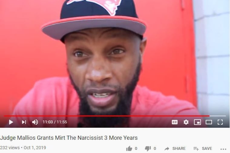 Erond Simmons, shown in a screen grab from a YouTube video posted Oct. 1, 2019, was jailed after he allegedly threatened Philadelphia Family Court Judge Christopher Mallios in the video.
