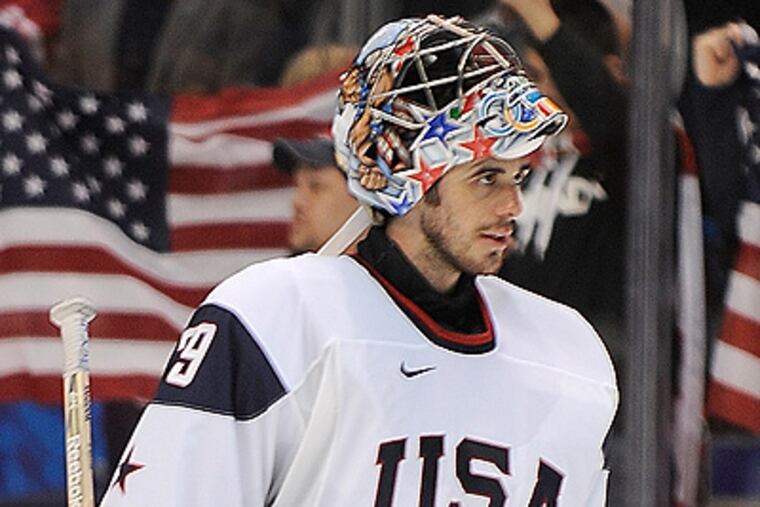 American goalie Ryan Miller after helping the USA team beat Norway 6-1. (Clem Murray / Staff Photographer)