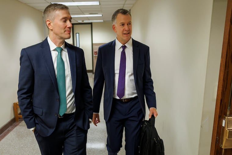 At right is Jacob Buchdahl, the lead attorney for the plaintiffs with law firm Susman Godfrey in the trial involving Susquehanna International Group, founded by Jeff Yass, at Montgomery County Courthouse in Norristown on Tuesday, July 29, 2025.