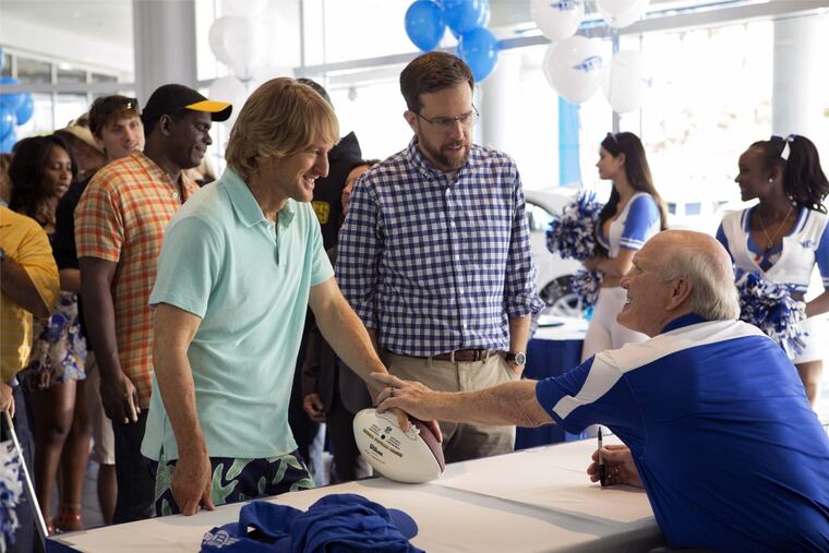 From left, Owen Wilson as Kyle Reynolds, Ed Helms as Peter Reynolds and Terry Bradshaw as Terry Bradshaw in the film, “Father Figures.”