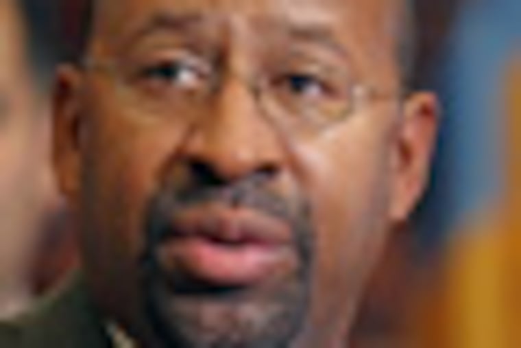 Mayor Michael Nutter speaks to the assembled press about the creation of the Office of Innovation and named Adel Ebeid to head the new office. He refused to comment on Arlene Ackerman. ( Michael Bryant / Staff photographer )